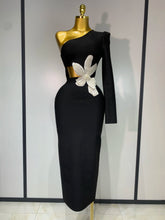 Women Elegant Luxury Black Bandage Party Dress Single Sleeve Cut Out White Pearl Embroidery Flower Midi Long Evening Prom Gowns